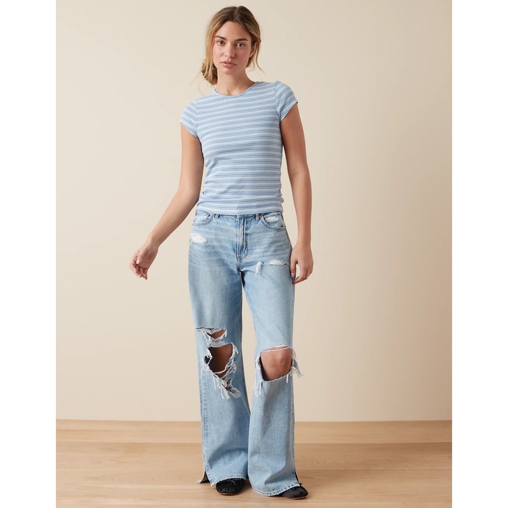 American Eagle Women Blue White Striped Ribbed Short Sleeve Crewneck Top XL